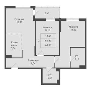 2-к квартира, вторичка, 67м2, 1/22 этаж