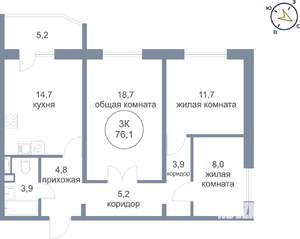 3-к квартира, вторичка, 76м2, 11/25 этаж