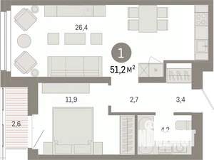 1-к квартира, вторичка, 51м2, 5/7 этаж