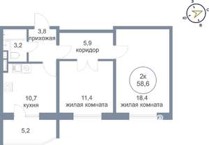 2-к квартира, вторичка, 59м2, 1/25 этаж
