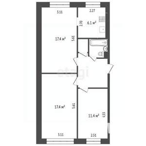 3-к квартира, вторичка, 62м2, 2/5 этаж