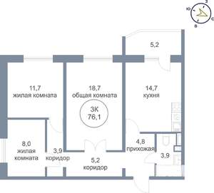 3-к квартира, вторичка, 76м2, 4/25 этаж