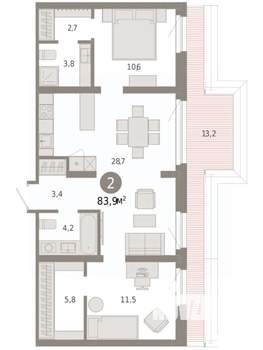 2-к квартира, вторичка, 84м2, 9/9 этаж