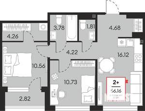 2-к квартира, вторичка, 56м2, 9/21 этаж