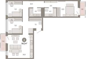 3-к квартира, вторичка, 94м2, 8/9 этаж