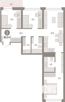 3-к квартира, вторичка, 85м2, 4/9 этаж