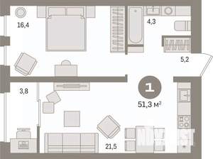 1-к квартира, вторичка, 51м2, 5/17 этаж