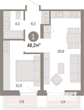 1-к квартира, вторичка, 48м2, 4/9 этаж