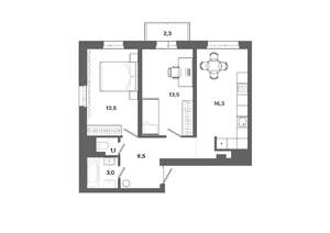 2-к квартира, вторичка, 57м2, 3/16 этаж