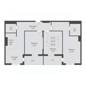 3-к квартира, строящийся дом, 88м2, 13/23 этаж