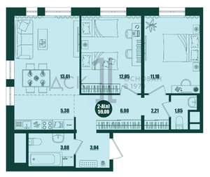 2-к квартира, строящийся дом, 59м2, 16/16 этаж