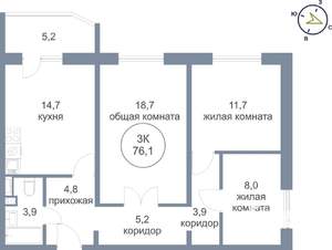 3-к квартира, строящийся дом, 76м2, 13/25 этаж