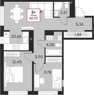 2-к квартира, вторичка, 61м2, 19/21 этаж