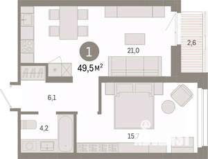 1-к квартира, вторичка, 50м2, 3/9 этаж
