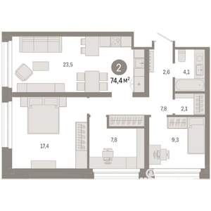 2-к квартира, вторичка, 74м2, 2/9 этаж