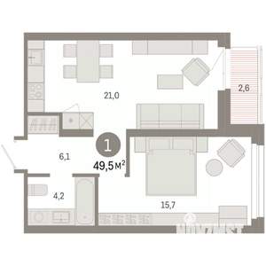 1-к квартира, вторичка, 50м2, 5/9 этаж