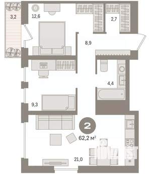 2-к квартира, вторичка, 62м2, 7/8 этаж