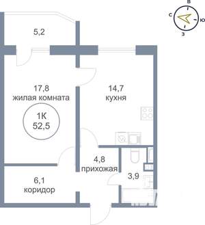 1-к квартира, вторичка, 53м2, 14/15 этаж