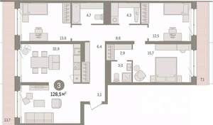 3-к квартира, сданный дом, 128м2, 9/17 этаж