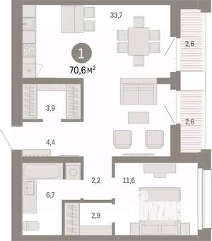 1-к квартира, вторичка, 71м2, 16/17 этаж