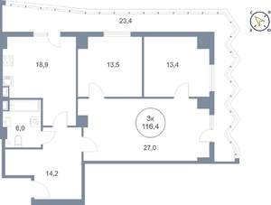 3-к квартира, вторичка, 116м2, 13/25 этаж