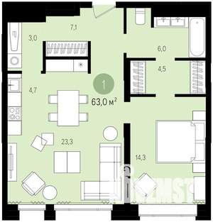 1-к квартира, строящийся дом, 63м2, 3/16 этаж