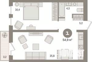1-к квартира, вторичка, 55м2, 4/17 этаж