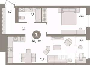 1-к квартира, вторичка, 61м2, 10/17 этаж
