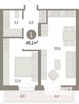 1-к квартира, вторичка, 49м2, 6/9 этаж
