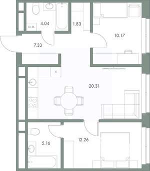 2-к квартира, вторичка, 61м2, 3/9 этаж