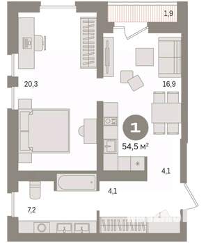 1-к квартира, вторичка, 54м2, 16/17 этаж