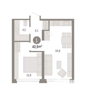 1-к квартира, вторичка, 43м2, 2/7 этаж