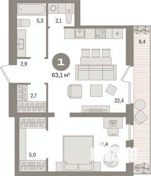 1-к квартира, вторичка, 63м2, 2/9 этаж