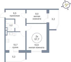 2-к квартира, строящийся дом, 58м2, 23/25 этаж