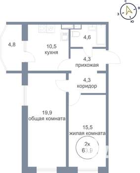 2-к квартира, вторичка, 64м2, 2/21 этаж