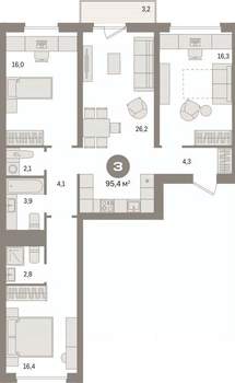 3-к квартира, вторичка, 95м2, 7/17 этаж