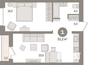 1-к квартира, вторичка, 51м2, 9/17 этаж