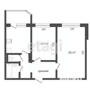 2-к квартира, вторичка, 52м2, 1/5 этаж