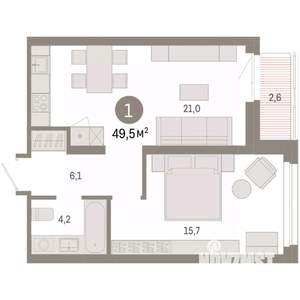 1-к квартира, вторичка, 50м2, 7/9 этаж