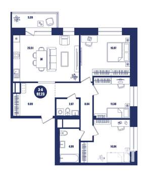 3-к квартира, строящийся дом, 92м2, 9/16 этаж