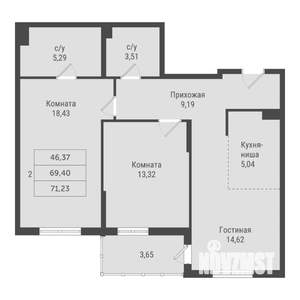 2-к квартира, вторичка, 71м2, 12/22 этаж