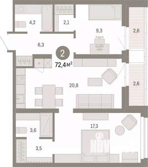 2-к квартира, вторичка, 72м2, 3/9 этаж