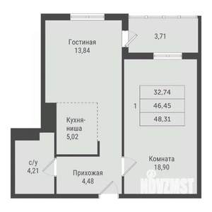 1-к квартира, строящийся дом, 48м2, 5/23 этаж