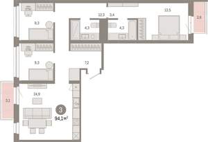 3-к квартира, вторичка, 94м2, 7/9 этаж