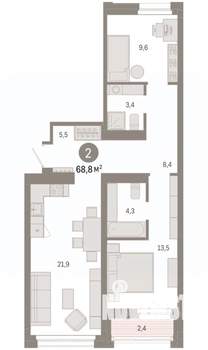 2-к квартира, вторичка, 69м2, 4/9 этаж