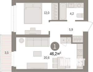 1-к квартира, вторичка, 46м2, 6/9 этаж