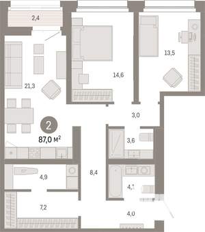 2-к квартира, вторичка, 87м2, 8/17 этаж