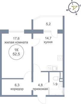 1-к квартира, вторичка, 53м2, 18/25 этаж
