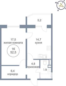 1-к квартира, вторичка, 53м2, 4/25 этаж