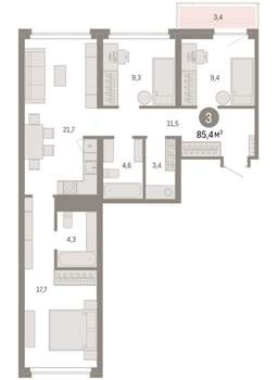 3-к квартира, вторичка, 85м2, 6/7 этаж